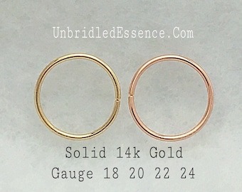 Solid 14k Rose Gold Nose Ring Septum Gauge 16 18 20 22 24g Daith Earring Conch Hoop Rook Helix Cartilage Belly Button Ring 8 9 10 11 12mm