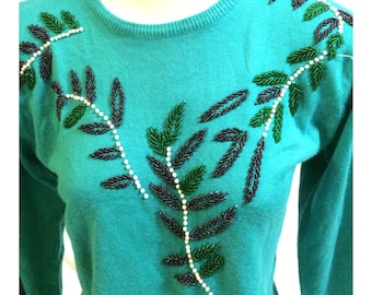 Vintage Turquoise Blue Beaded Gem Sweater Size S
