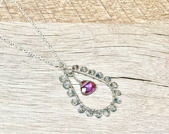 Iridescent Teardrop Necklace,iridescent beaded necklace,shiny necklace,silver necklace