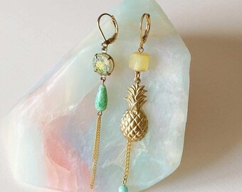 Asymmetric Pineapple Earrings - Asymmetrical Earrings - Mismatched Earrings - Yellow Gold Green Earrings - Aloha Earrings (SD1262)