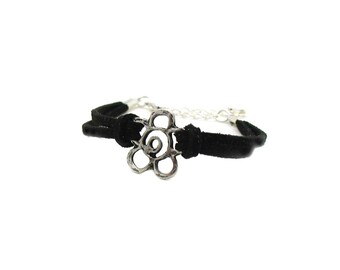 Flower Charm Bracelet, Flower Faux Suede Bracelet, Silver Flower Charm Bracelet, Flower Bracelets, Dainty Flower Bracelet, Floral Bracelet