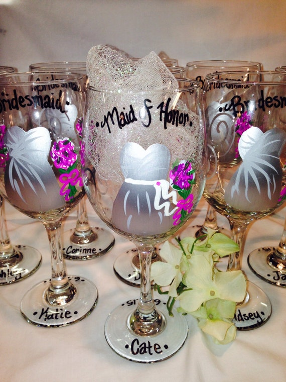 Wedding Wine Glasses Hand Painted Personalized Bridal Party