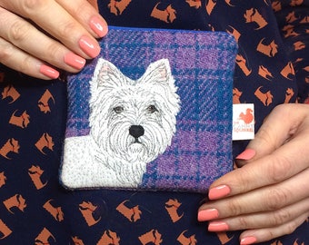 Westie dog coin purse - scottie dog purse - Harris Tweed purse - tartan zip purse - Westie gifts - blue wool purse - embroidered westie