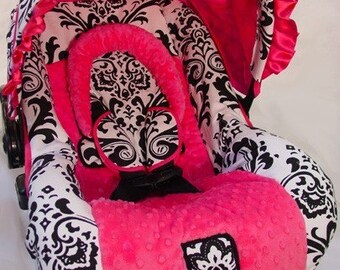 Custom Boutique Large Black and White Damask/Hot Pink MInky Infant Car Seat Cover 5 piece set