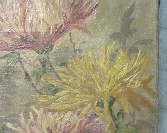 Antique Victorian Vintage original oil PAINTING floral flowers mums art hand painted art home decor shabby pretty fall colors