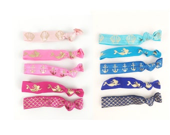 Mermaid Party Elastic Hair ties - Individual ties for favor add on - gold foil memaid, anchor, seashell, and fish scales -mermaid favors