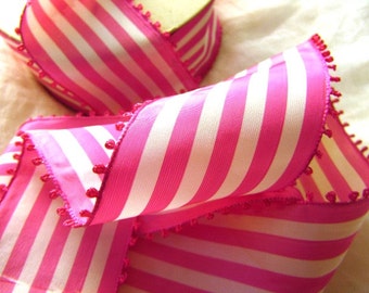 Vintage Picot Ribbon, Pink and White Striped Ribbon, White and Pink Taffeta Ribbon, Vintage Wide Ribbon, Picot Edge Ribbon, Millinery