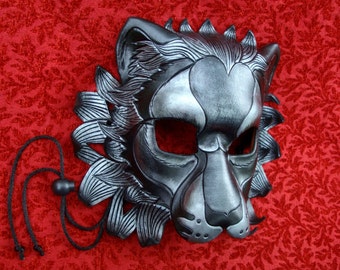 MADE TO ORDER Black Silver Lion Leather Mask... masquerade cat costume mardi gras halloween burning man
