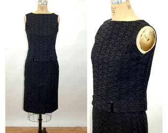 1960s dress top skirt black eyelet slim skirt cropped top back button cotton Size M