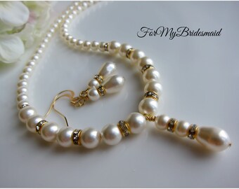Collier mariée Bijoux mariage or Swarovski perles Rhinetone or Maid of honor cadeau mariée Ivoire blanc perle simple brin pendentif