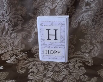 Hope block, wood shelf sitter, shabby white and black