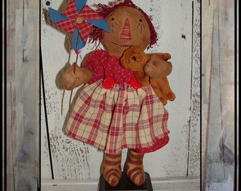 Primitive folk art standing raggedy ann pinwheel HAFAIR OFG cloth doll teddy bear faap