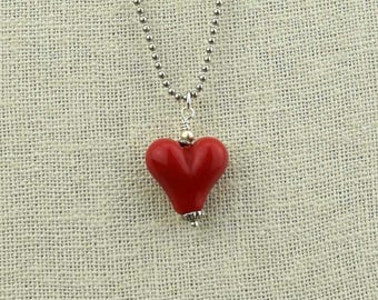 Bright Red Glass Bead Heart Necklace