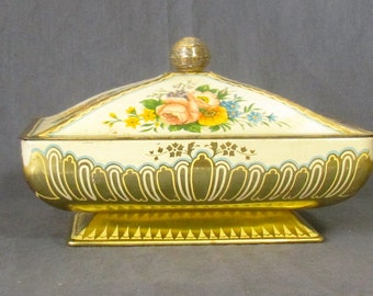 Vintage Tin Container Baret Ware, Art Grace Tin Container, Gold Tin Container, Floral Tin Container