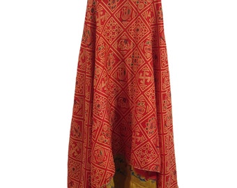 Women's Magic Wrap Skirt Vintage Silk Sari Red Printed Two Layer Reversible Beach Cover Up Wrap Around Skirts