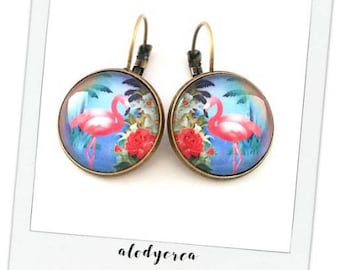 "tropical" pink Flamingo • • cabochon bronze earrings