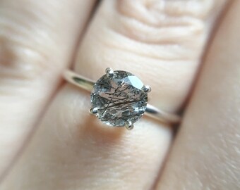 Faceted Tourmalinated Quartz Ring in sterling silver - sterling silver tourmalinated quartz ring - rutilated quartz ring - gemstone ring