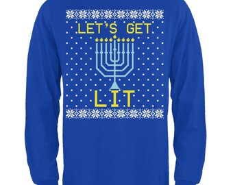 Menorah Get Lit Ugly Hanukkah Sweater Mens Long Sleeve T Shirt