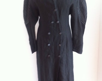 1980s Black Linen Button Front Architectural Sleeve Dress - Uk14-16, US10-12