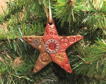 Star Ornament Ornament - Industrial Holiday Steampunk Tree Decoration Polymer Clay Mixed Media style 6