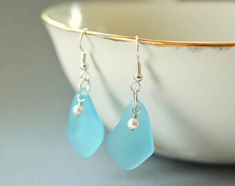 Blue earrings with white pearls blue sea glass earrings blue seaglass jewelry seaglass earrings sea glass jewelry handmade earrings beach