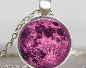 Magenta moon necklace, full moon jewelry, moon pendant, lunar pendant, moon jewelry , space pendant