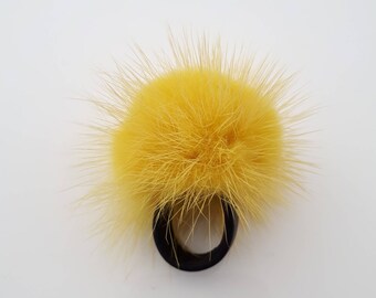 Yellow mink ring, fur pompom ring, Mink finger ring with genuine leather. Real fur ring