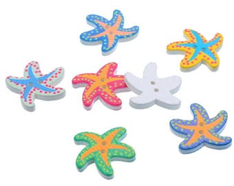 5 buttons wood - 21x19mm - Starfish-shaped 2 holes - multicolored