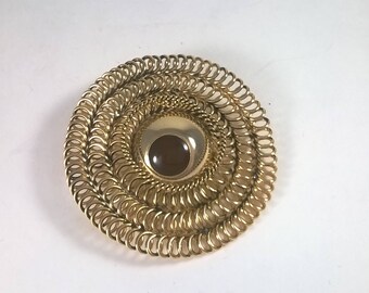 Vintage Gold Tone Brooch Pin - Large Statement Brown Stone Gold Coil Costume Jewelry Brooch 1980s