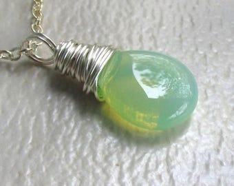 Mint Peridot Opalite Necklace Wire Wrapped Glass Moonstone Pendant Silver Sea Opal Necklace, Handmade Jewelry Gift for Her