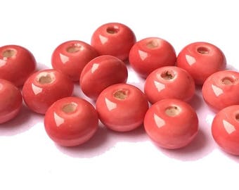 10 pearls "abacus" glazed ceramic pink fuchsia/coral (pc97) 5x8mm
