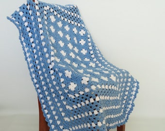 Crochet Baby Blanket Afghan, Blue, White, Granny Squares, Baby Boy, Shower Gift, Bedding, Nursery Decor, Crib