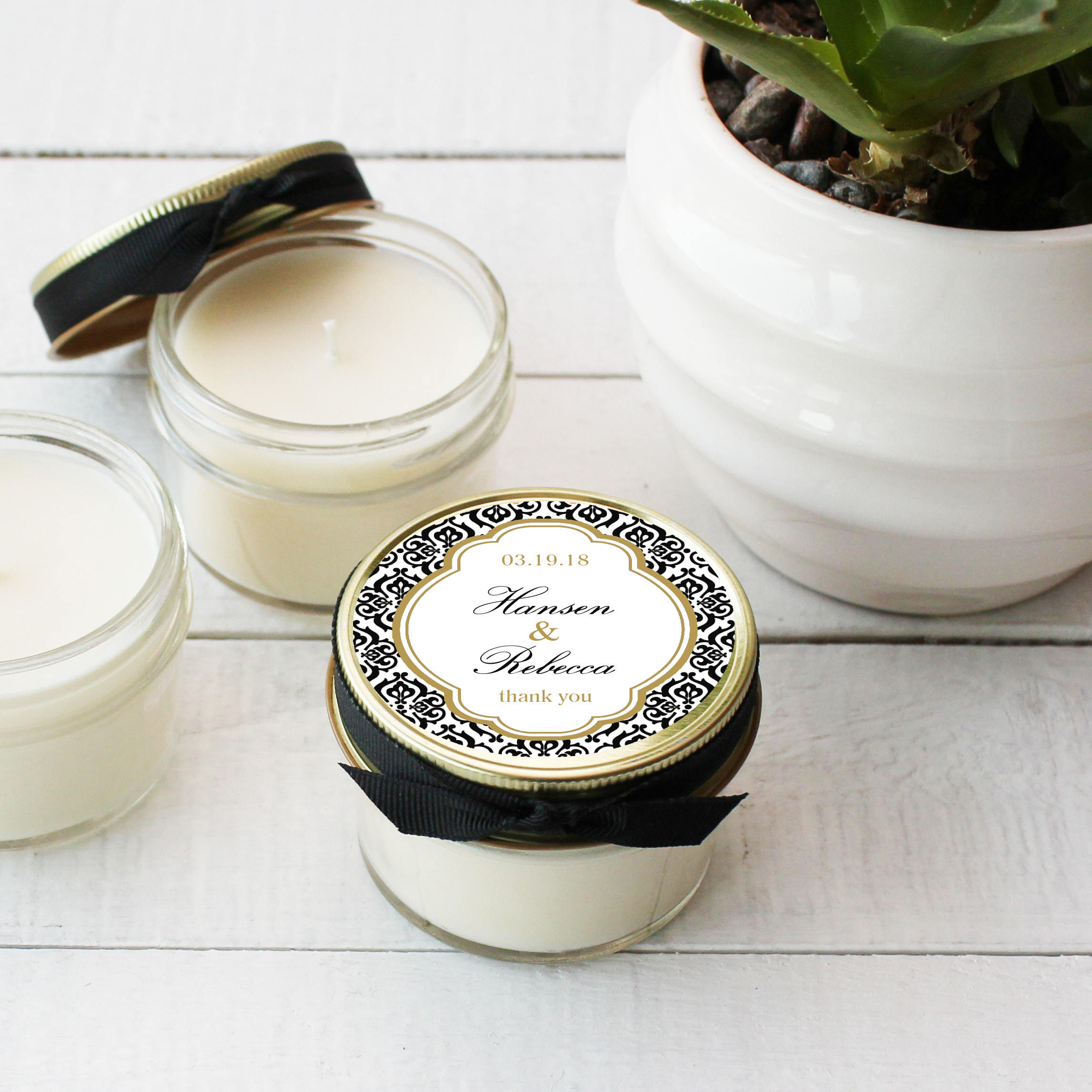 Set of 12 4 oz Soy Candle Wedding Favors Damask Label