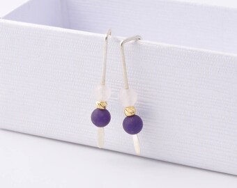 Rose Quartz Amethyst Earrings, Minimalist Style, Gemstone earrings, Sterling Silver Earrings, February Birthstone Earrings Silver Earrings