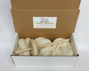 Learn to Spin Kit - Mini Kit - Drop Spindle + Fiber Bundle - Undyed Natural US Wool Roving - 1/2 (.5) oz each of 3 Pieces US Wool + Spindle