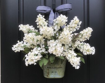 Lilac Wreaths, Farmhouse Flowers, Farmhouse Decor, White Lilacs, Summer Bouquet, Summer Wall Pocket, Lilac Bucket, Artificial Lilac Wreaths