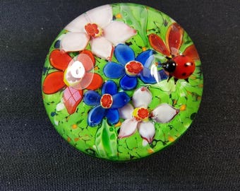 Vintage Art Glass Flower Paperweight with Blown Glass Lady Bug on External Top Hand Made Original