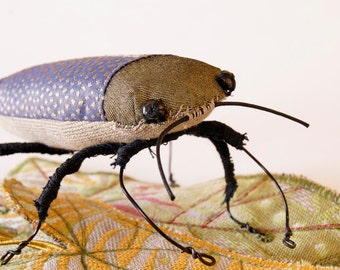 Soft Sculpture Fiber Art Insect Jewel Beetle with Leaves Natural History Gift Nature Lover Gift Entomology Gift Luxury Woodland Gift