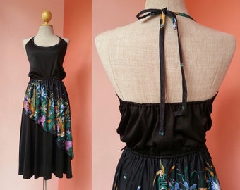 Black Halter Dress 70s Dress Small Vintage Open Back Dress Women 1970s Sundress Womens Boho Dress Green Pink Floral Print Hippie Midi Dress