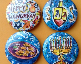 Happy Hanukkah Magnets, Jewish Art, Jewish Gifts, Judaica Art, Jewish Kitchen Decor, Fridge Magnets, Jewish Holiday, Button Magnets