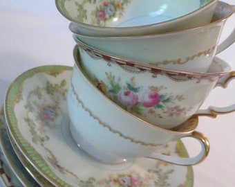 Vintage Mismatched China Cups & Saucers for Tea Party, Wedding, Ladies Lunch, Bridal Luncheons, Showers, Bridesmaid Gift - Set of 4