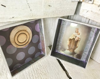 Little prayer box shrine Madonna and child silver purple upcycled embellished/ free shipping US