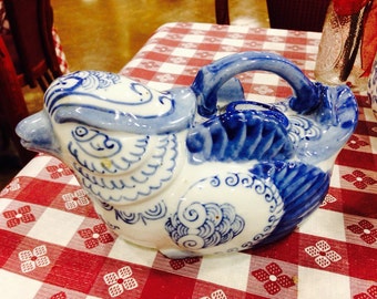 Blue and White Quail Tea Pot Chinese