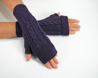 Ladies Merino, Cabled, Convertible Cuff Fingerless Gloves, Arm Warmers, Purple, Seamless Hand Knit, Soft/Cozy/Light Weight, Gift under 35.00