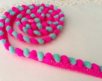 3 yards ribbon pom pom trim dark pink and bluegreen