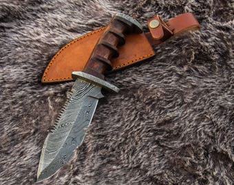 11"Inch Custom HandMade Forged Damascus Steel Hunting Bowie Knife Fixed Blade Walnut Wood Handle W/Leather Sheath Full Tang fathers day gift