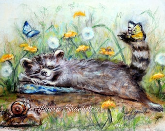 Raccoon - ORIGINAL pastel painting - nursery, baby cute wildlife, sleepy animal, "Snoozing On A Lazy Afternoon" Laurie Shanholtzer