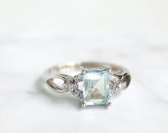 Aquamarine Sterling Silver Ring, Rectangle Engagement Ring, Cushion Aquamarine Ring, Vintage Aquamarine Ring, 925 Silver Aquamarine Ring