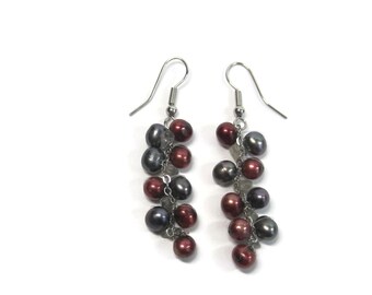 Vintage Purple and Red Freshwater Pearl Cluster Dangle Earrings