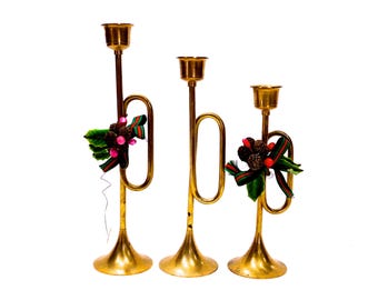 VINTAGE: 1970's - 3 Solid Brass Horn and Trumpet Candle Holders - Holiday Candle Holders - Table Decor - SKU 24-B-00010325